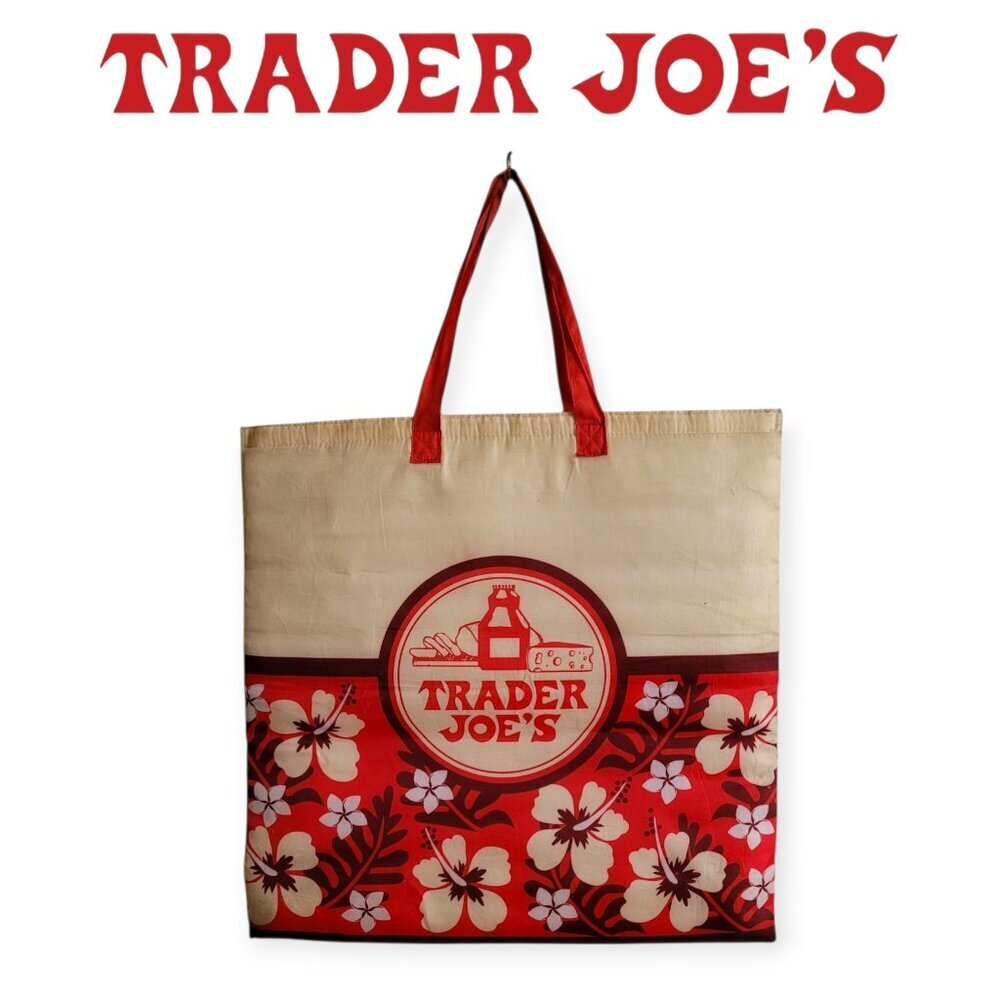 Trader Joes Y2K Vintage Aloha Tote Bag Cream Red Reusable Grocery Beach Bag